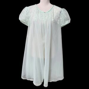 Vintage 60s Vanity Fair Sheer Nylon Peignoir Robe Lace Mint Green Medium